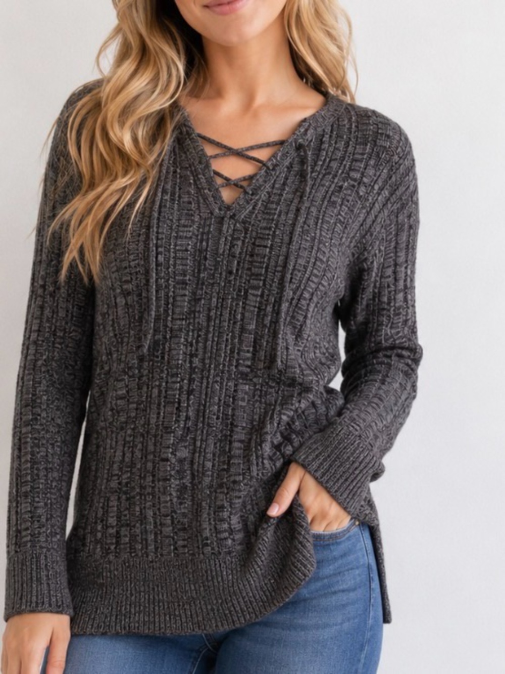 APT. 9 Women’s Charcoal Gray V-Neck Knit Sweater lightweight long torso SZ LG
